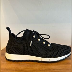 Jimmy Choo Black Knit never worn Sneakers with Pearl Accents.